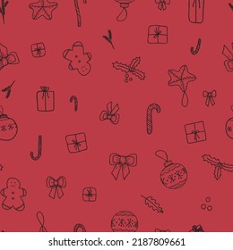 Vector seamless pattern with presents, Christmas balls, bows, candies. For fabric and pajamas, web page background, scrapbooking album, gift and wrapping paper,  greeting cards, winter decorations.