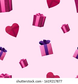Vector seamless pattern with presents for gift paper on a pink background. Birthday, st. Valentine's day, holidays.