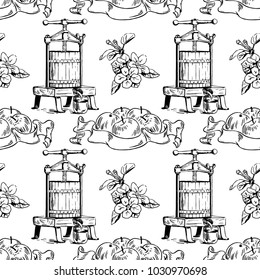 Vector seamless pattern with presses for squeezing, apple labels and flowers. Perfect for apple cider, juice, wrapping paper and more creative designs. Digital illustration in black and white.