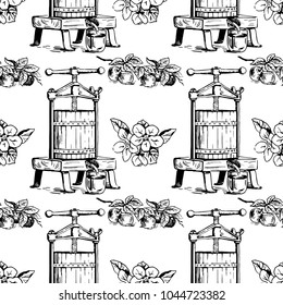 Vector seamless pattern with presses for squeezing, flowers and bottles. Perfect for apple cider, surface textures, wrapping paper and more creative designs. Digital illustration in black and white.