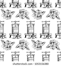 Vector seamless pattern with presses for squeezing and apple's flowers. Perfect for apple cider, juice, surface textures, wrapping paper and more creative designs. Digital illustration.