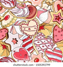 Vector seamless pattern with a lot of pretty  appetizing cookies. Round, heart, star shape. Lovely pink Nice , icolated on white elements for holiday food design: birthday, saint valentine, christmas.