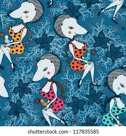 vector seamless pattern with pretty fashion foxes on a floral background