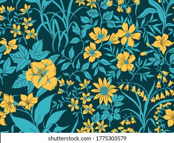 Vector seamless pattern. Pretty floral pattern in small flower. Small yellow flowers. Dark blue background. Liberty style. The elegant the template for fashion prints.