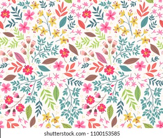 Vector seamless pattern. Pretty pattern in small flower. Small yellow and pink flowers. White background. Ditsy floral background. The elegant the template for fashion prints.