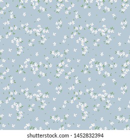 Vector Seamless Pattern. Pretty Pattern In Small Flower. Small White Flowers. Light Blue Background. Ditsy Floral Background. The Elegant The Template For Fashion Prints.