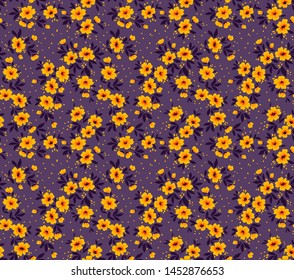 Vector seamless pattern. Pretty pattern in small flower. Small yellow flowers. Violet background. Ditsy floral background. The elegant the template for fashion prints.