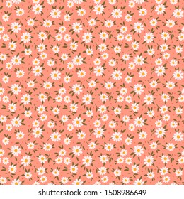 Vector seamless pattern. Pretty pattern in small flower. Small white flowers. Coral background. Ditsy floral background. The elegant the template for fashion prints.