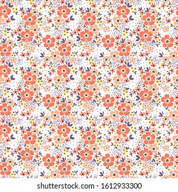 Vector seamless pattern. Pretty pattern in small flower. Small coral flowers. White background. Ditsy floral background. The elegant the template for fashion prints.