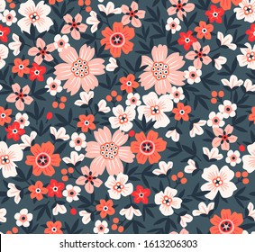 Vector seamless pattern. Pretty pattern in small flower. Small pink and white flowers. Gray background. Ditsy floral background. The elegant the template for fashion prints.