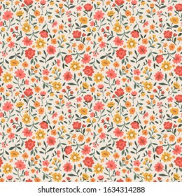 Vector seamless pattern. Pretty pattern in small flower. Small red and yellow flowers. Whhite background. Ditsy floral background. The elegant the template for fashion prints.