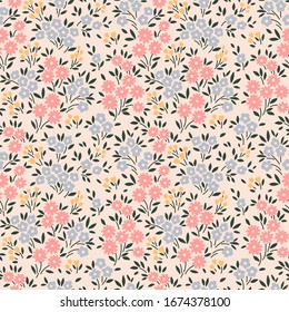 Vector Seamless Pattern. Pretty Pattern In Small Flowers. Small Pink And Light Blue Flowers. Pale Yellow Background. Ditsy Floral Background. The Elegant The Template For Fashion Prints.