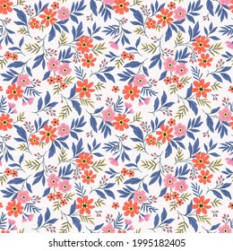 Vector seamless pattern. Pretty pattern in small flowers. Small pink and orange flowers. White background. Ditsy floral background. The elegant the template for fashion prints.