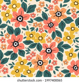 Vector seamless pattern. Pretty pattern in small flowers. Small yellow and orange flowers. White background. Ditsy floral background. The elegant the template for fashion prints. Stock vector.