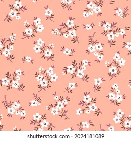 Vector seamless pattern. Pretty pattern in small flowers. Small white flowers. Coral background. Ditsy floral background. The elegant the template for fashion prints. Stock vector.