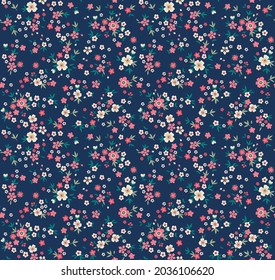 Vector seamless pattern. Pretty pattern in small flowers. Small white and red flowers. Dark blue background. Ditsy floral background. The elegant the template for fashion prints. Stock vector.