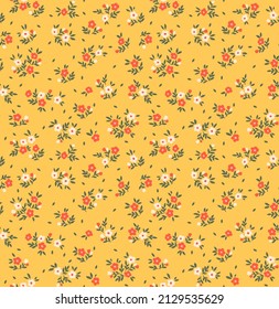 Vector seamless pattern. Pretty pattern in small flowers. Small red and white flowers. Pale yellow background. Ditsy floral background. The elegant the template for fashion prints. Stock vector.