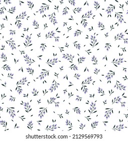 Vector seamless pattern. Pretty pattern in small flower branches with berries. Small lilac flowers. White background. Ditsy floral background. The elegant the template for fashion prints. Stock vector