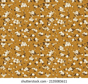 Vector seamless pattern. Pretty pattern in small flowers. Small white flowers. Yellow gold background. Ditsy floral background. The elegant the template for fashion prints. Stock vector.