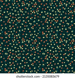 Vector seamless pattern. Pretty pattern in small flowers. Small yellow and orange flowers. Dark green background. Ditsy floral background. The elegant the template for fashion prints. Stock vector.