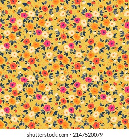 Vector seamless pattern. Pretty pattern in small flowers. Small colorful flowers. Yellow  background. Ditsy floral background. The vintage template for fashion prints. Stock vector.