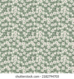 Vector seamless pattern. Pretty pattern in small flowers. Small white flowers. Light gray green background. Ditsy floral background. The vintage template for fashion prints. Stock vector.