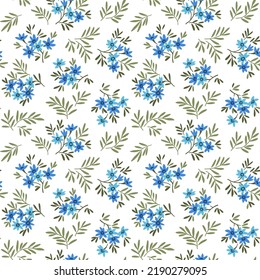 Vector seamless pattern. Pretty pattern in small flowers. Small blue flowers. White background. Ditsy floral background. The vintage template for fashion prints. Stock vector.