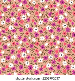 Vector seamless pattern. Pretty pattern in small flowers. Small colorful pastel flowers. Pale coral pink background. Ditsy floral background. The elegant the template for fashion prints. Stock vector.