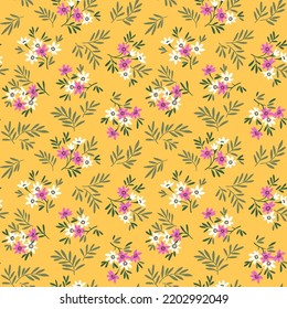 Vector seamless pattern. Pretty pattern in small flowers. Small white and pink pastel flowers. Yellow background. Ditsy floral background. The elegant the template for fashion prints. Stock vector.
