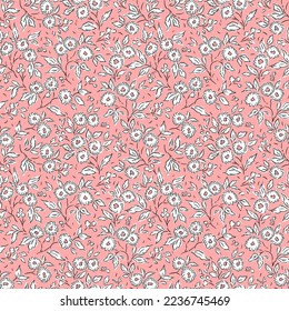 Vector seamless pattern. Pretty pattern in small flowers. Small white flowers. Pink background. Ditsy floral background. Vintage template for fashion prints. Stock vector.