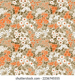 Vector seamless pattern. Pretty pattern in small flowers. Small orange and white flowers. Beige background. Ditsy floral background. The elegant the template for fashion prints. Stock vector.