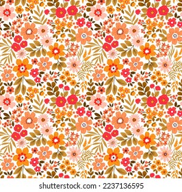 Vector seamless pattern. Pretty pattern in small flowers. Small yellow and red flowers. White background. Ditsy floral background. The vintage template for fashion prints. Stock vector.