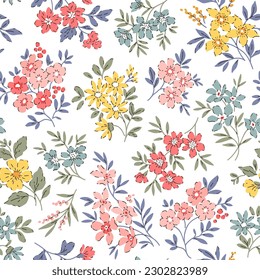 Vector seamless pattern. Pretty pattern in small flowers. Small pink, yellow and blue flowers. White background. Ditsy floral background. Vintage template for fashion prints. Stock vector.