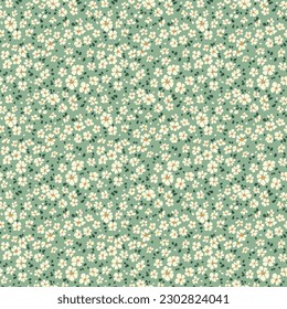 Vector seamless pattern. Pretty pattern in small flowers. Small white flowers. Green gray background. Ditsy floral background. Delicate template for fashion prints. Stock vector.