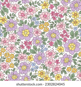 Vector seamless pattern. Pretty pattern in small flowers. Small lilac and yellow flowers. White background. Trendy floral background. Elegant template for fashion prints. Stock vector.