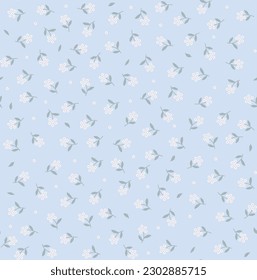 Vector seamless pattern. Pretty pattern in small flowers. Small white flowers. Light blue background. Ditsy floral background. Delicate template for fashion prints. Stock vector.