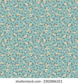 Vector seamless pattern. Pretty pattern in small flowers. Small white flowers. Light blue background. Ditsy floral background. Delicate template for fashion prints. Stock vector.