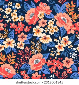 Vector seamless pattern. Pretty pattern in small flowers. Small red peonies flowers. Dark blue background. Ditsy floral background. Delicate template for fashion prints. Stock vector.