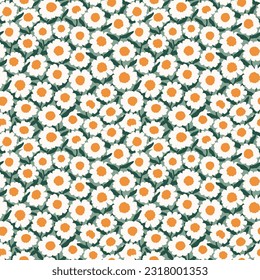 Vector seamless pattern. Pretty pattern in small daisy flowers. Small white flowers. Green gray background. Trendy floral background. Cute template for fashion prints. Stock vector.