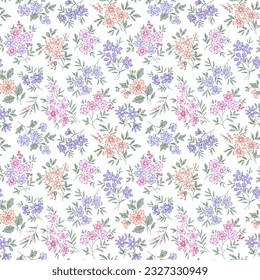 Vector seamless pattern. Pretty pattern in small flowers. Small  pastel colors flowers. White background. Ditsy floral background. Delicate template for  fashion textile prints. Stock vector.