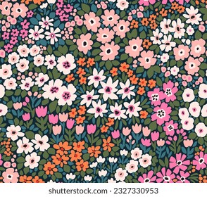 Vector seamless pattern. Pretty pattern in small flowers. Small white, pink and orange  flowers. Dark blue background. Ditsy floral background. Trendy template for fashion prints. Stock vector.