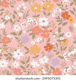 Vector seamless pattern. Pretty pattern in small flowers. Yellow background. Trendy floral background. Seamless pattern for design and fashion prints. Ditsy style. Vintage floral background.