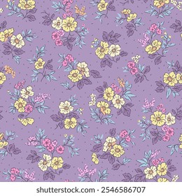 Padrão sem emenda do vetor. Padrão bonito em flores pequenas. Pequenas flores brancas, amarelas e rosadas. Fundo Lilás. Fundo floral da liberdade. Modelo vintage para impressões de moda. Vetor de estoque.
