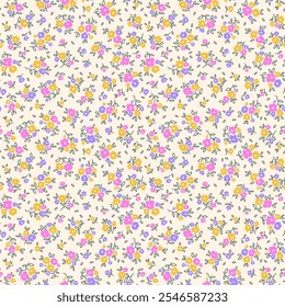 Vector seamless pattern. Pretty pattern in small flowers. Small yellow, pink and lilac flowers. White background. Liberty floral background. Trendy template for fashion prints. Stock vector.