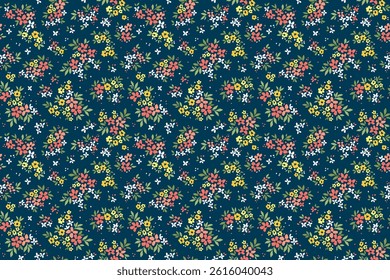Vector seamless pattern. Pretty pattern in small flowers. Small bright red, yellow and white flowers. Dark blue background. Ditsy floral background. Hand drawn template for fashion textile prints. 