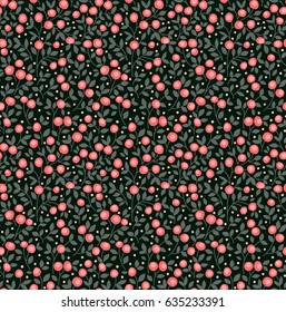 Vector seamless pattern. Pretty pattern in small pink flowers and berries. Black background. Ditsy floral background. The elegant the template for fashion prints.