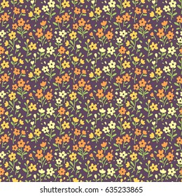 Vector seamless pattern. Pretty pattern in small flower. Small yellow and orange flowers. Brown background. Ditsy floral background. The elegant the template for fashion prints.