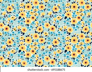 Vector seamless pattern. Pretty pattern in small flower. Small yellow and blue flowers. White background. Ditsy floral background. The elegant the template for fashion prints.