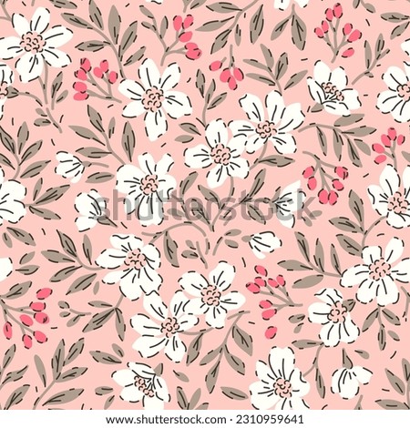 Vector seamless pattern. Pretty pattern in small flowers. Small white flowers and pink berries. Rose pink background. Ditsy floral background. Vintage stylish template for fashion prints. Stock 