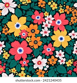 Vector seamless pattern. Pretty pattern in vintage flowers. Small colorful flowers. Dark blue background. Liberty floral background. Beautiful template for fashion prints. Stock vector.